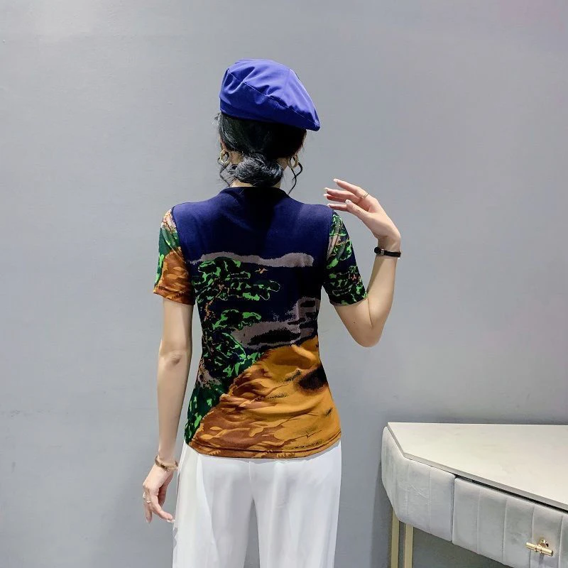 Summer Fashion O Neck Fashion Printing Pullover Top Women Short Sleeve Slim Casual Vintage T-shirt Ladies Harajuku Y2K Mesh Tee