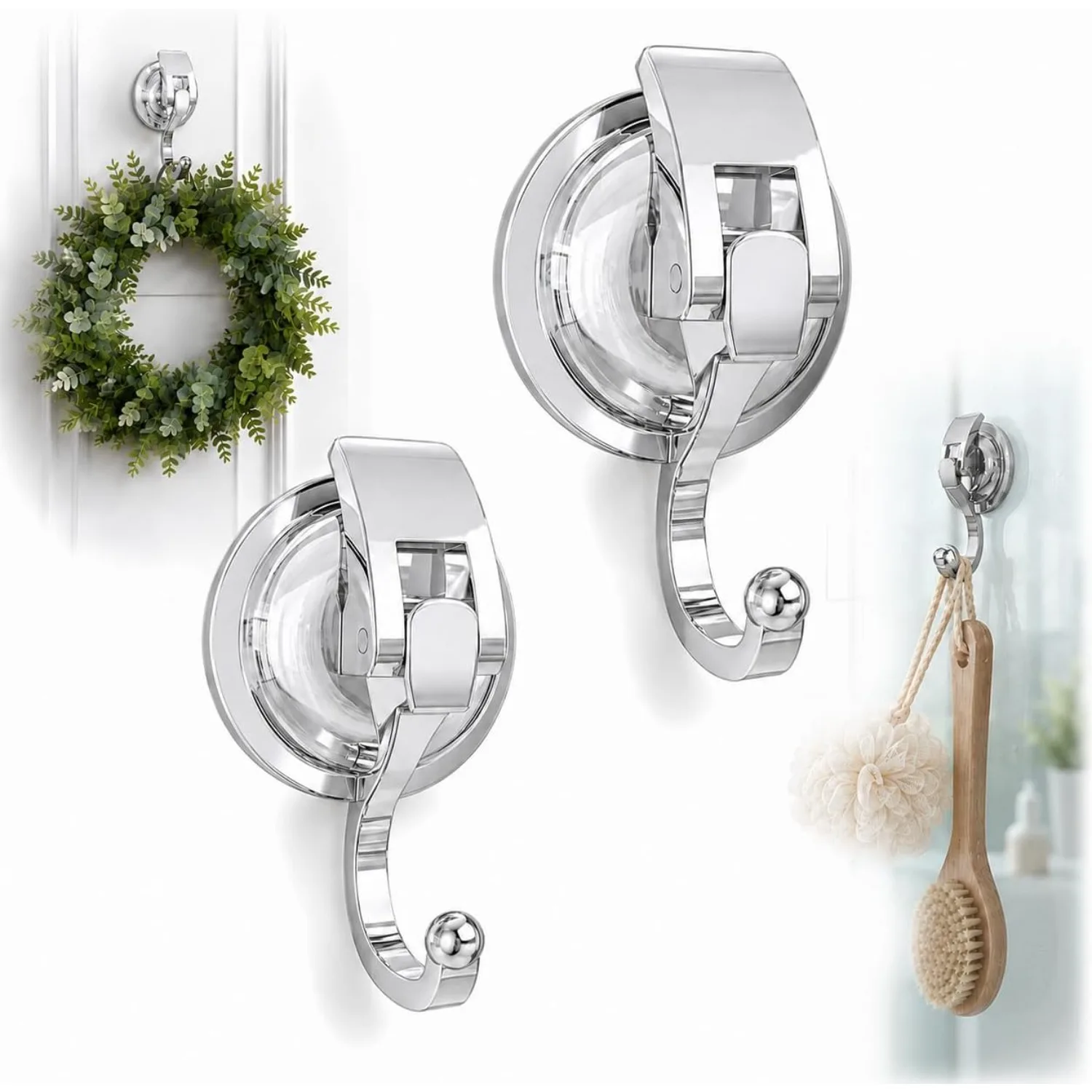 1 Pack Heavy Duty Vacuum Suction Cup Hooks, Silver Plated Polished Super Suction for Kitchen Bathroom