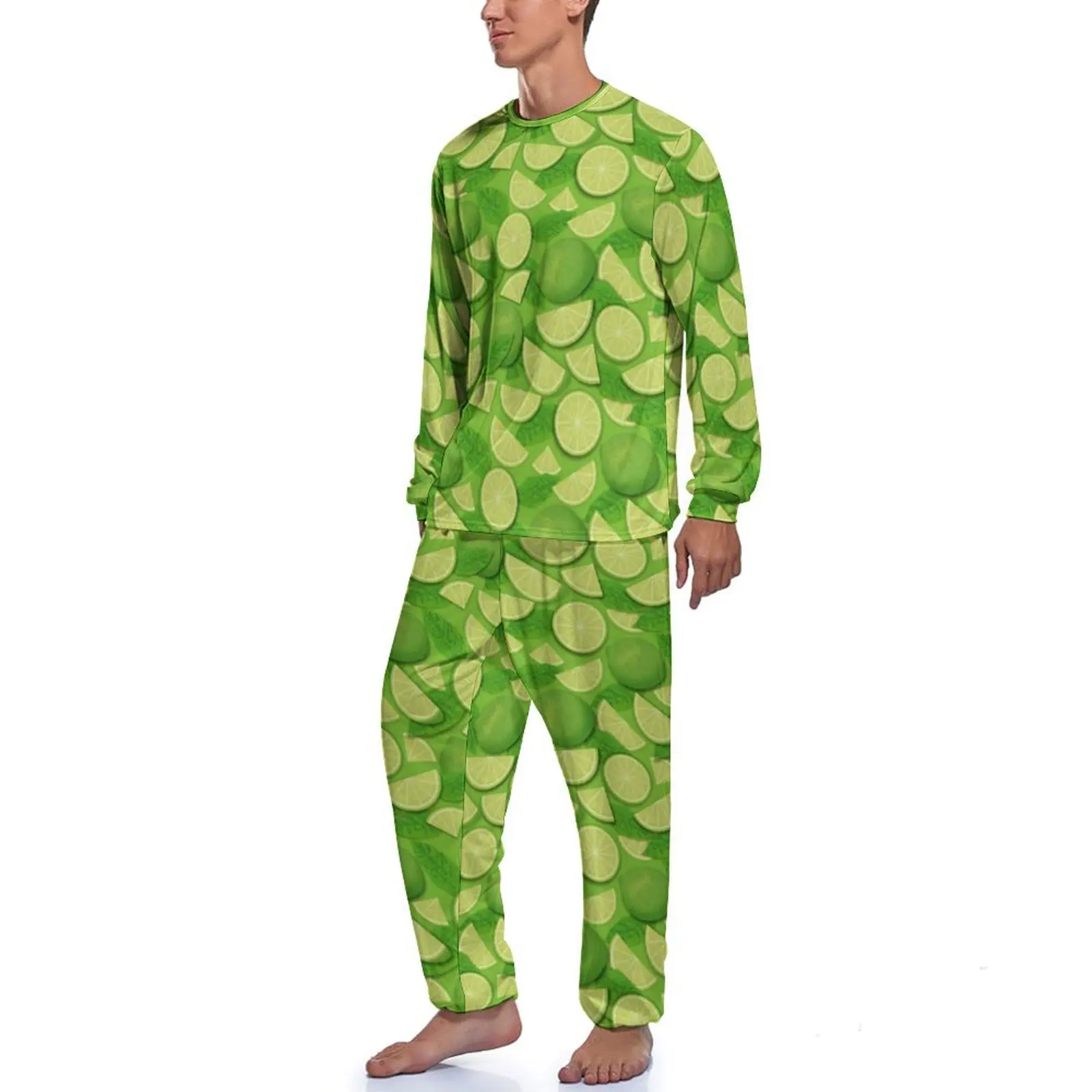 Green Lemon Print Pajamas Man Lime Slice Kawaii Nightwear Autumn Long Sleeve 2 Pieces Room Design Pajama Sets