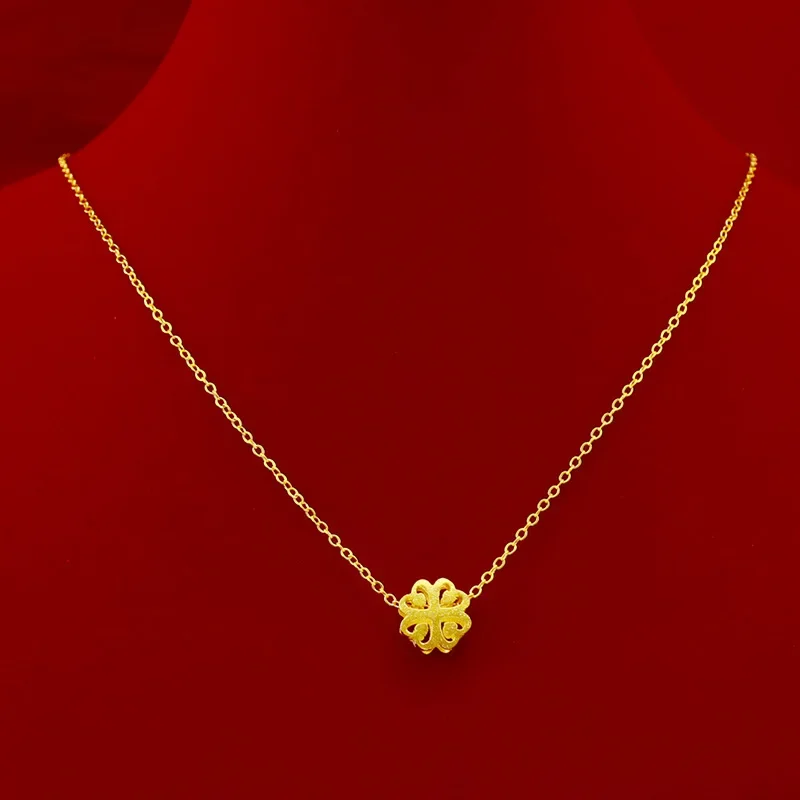 9999 Real Gold 24K Clover Necklace Japanese and Korean Gold Clover with O-shaped Clavicle Necklace