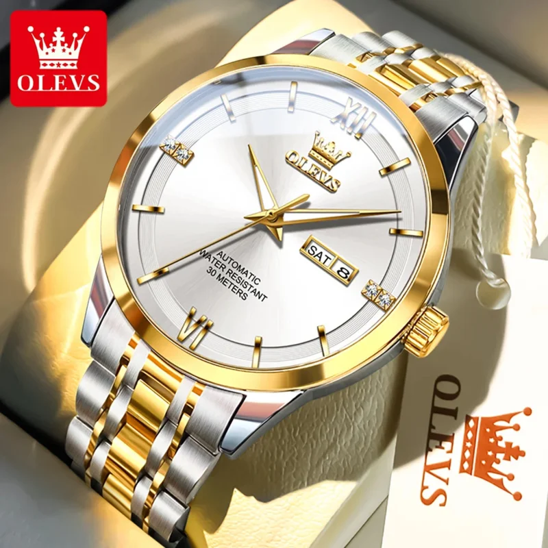 

OLEVS 7061, мужские часы, автоматические механические часы с большим циферблатом, водонепроницаемые светящиеся часы Reloj с двойным календарем, роскошные мужские часы