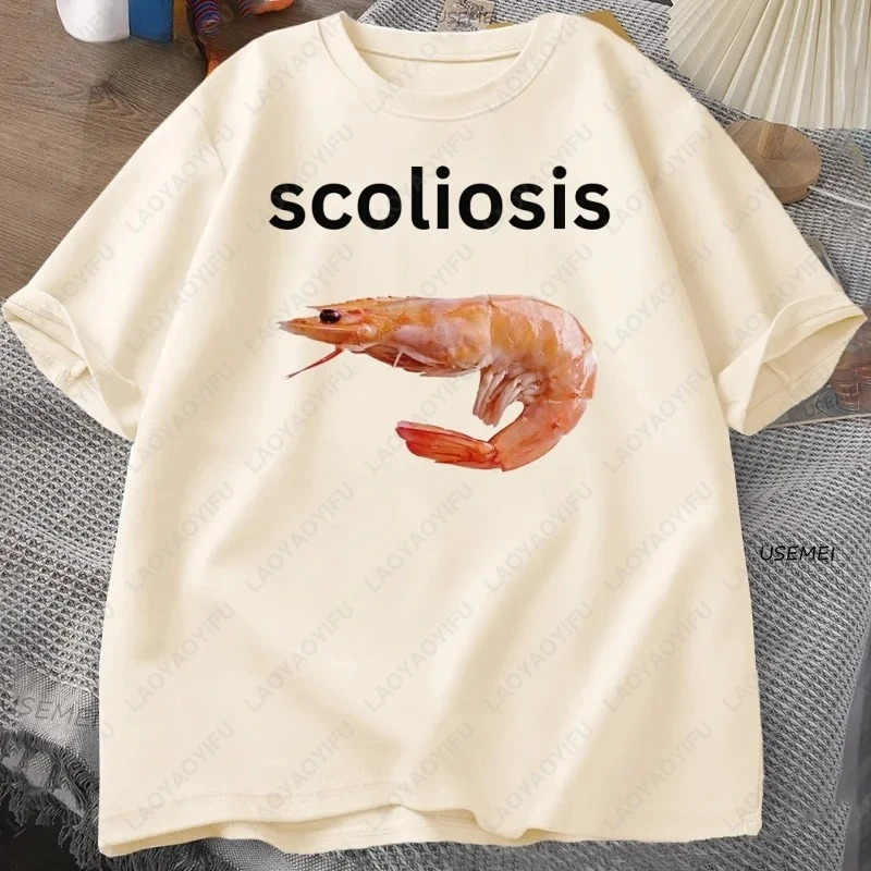 Shrimp with Scoliosis Graphic TShirts Funny Curved Meme Seafood Humor Tees Men Women Cotton Harajuku Classics Loungewear Tops