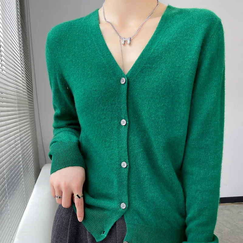 Autumn Winter Women 100% Fine Wool Sweater New V-neck Solid Color Knitted Cardigan Casual Jacket Bottoming Slim Soft Tops