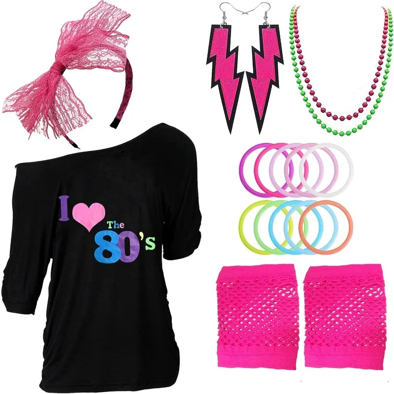 

Halloween 80s Outfits Costume Accessories for Women,Off Shoulder T-Shirt Headband Fish Net Gloves and Earrings for 80s Party