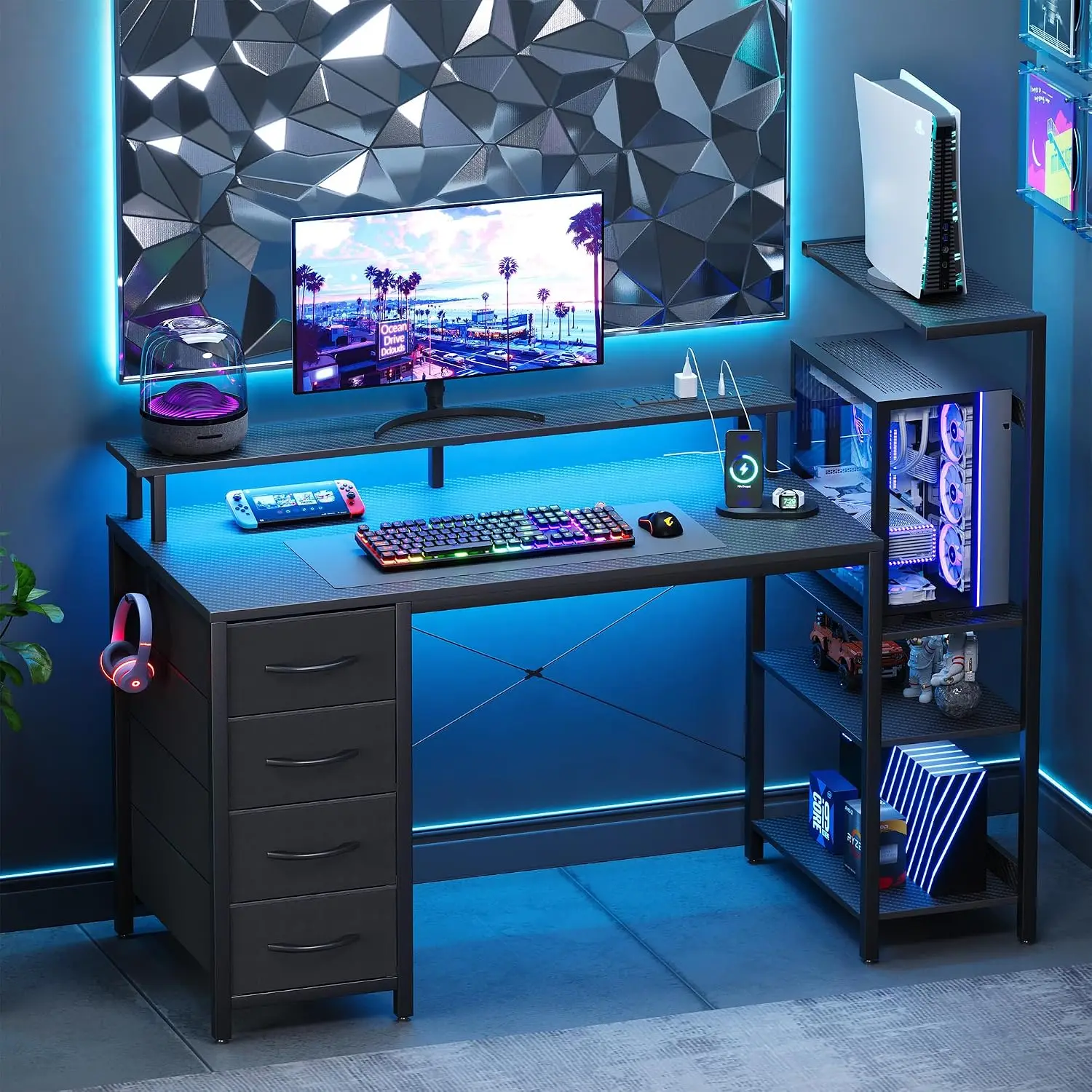 51 Inch Gaming Desk with Drawers & PC Tower Stand & LED Lights, Black | Reversible, Monitor Shelf, Power Outlets, Carbon Fiber,