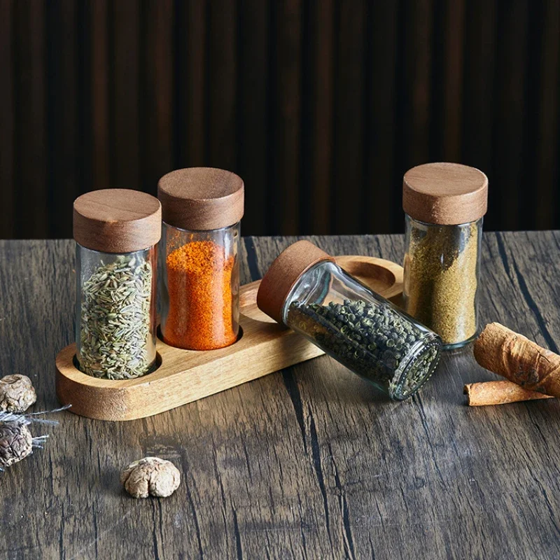 Glass Seasoning Jars Spice Box Wooden Pallets Three-piece Spice Set Jars Kitchen Storage Containers Salt Seasoning Organizer