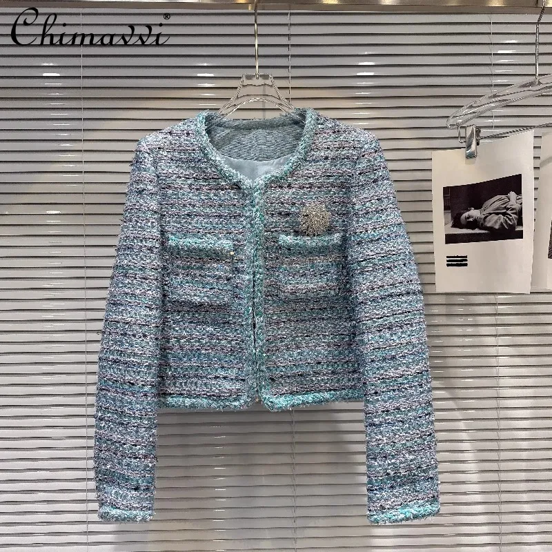 

2025 Autumn New Heavy Rhinestone Brooch Knitted Edge Colorful Tweed Short Coat Fashion Long Sleeve Loose Elegant Women's Top