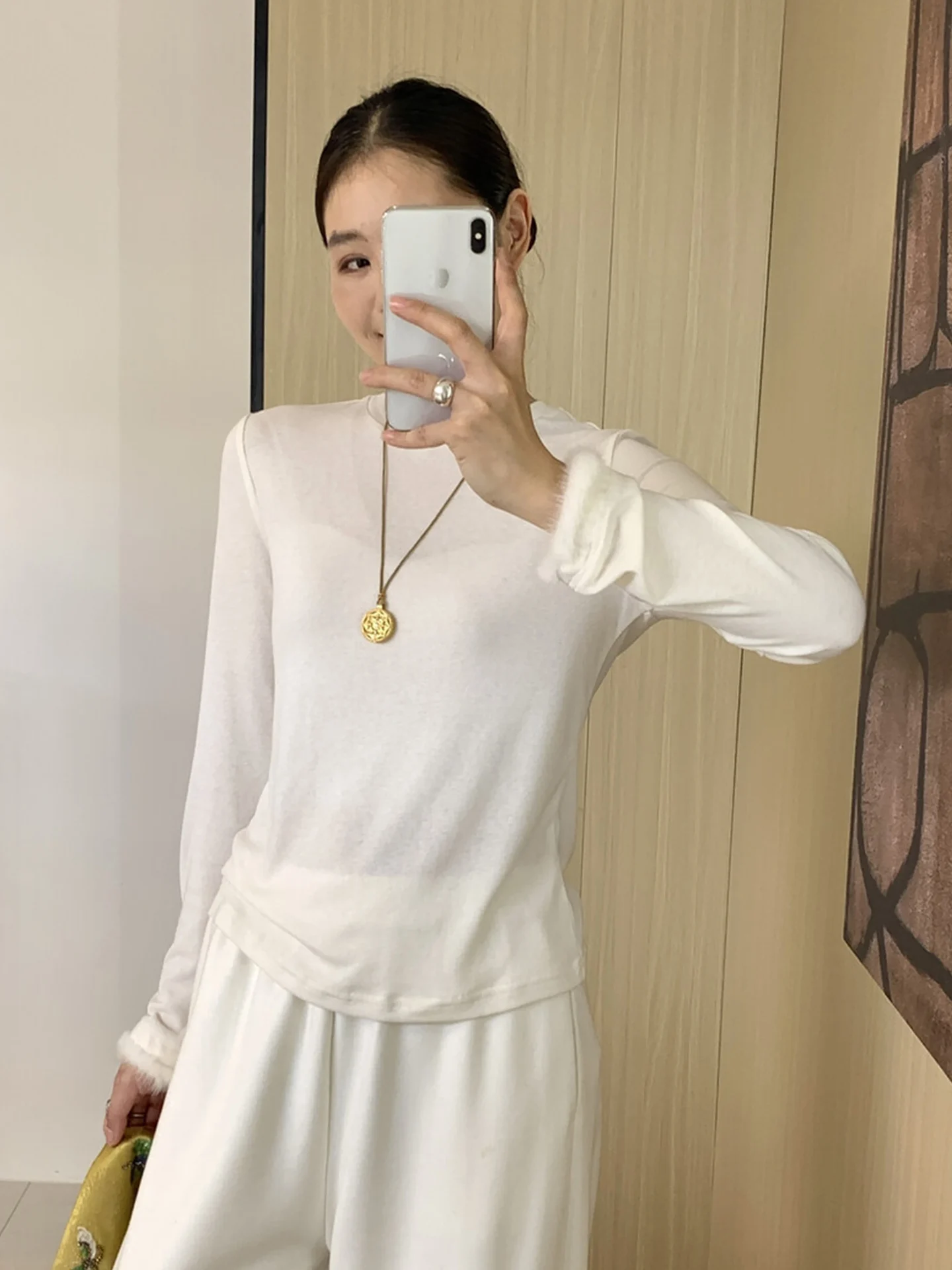 

Женская теплая футболка из китайской шерсти норки с длинным рукавом и круглым вырезом, простая базовая модель, свободный крой, повседневная.