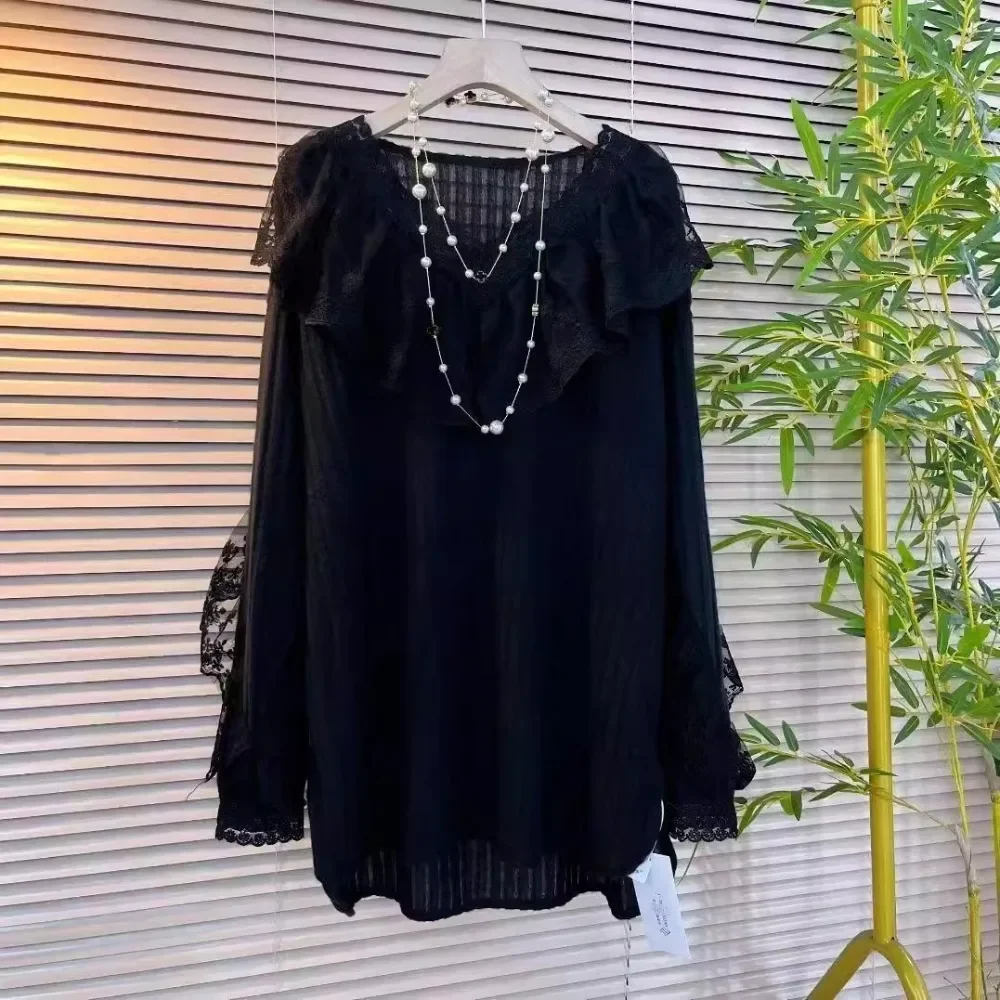 Ropa femenina Vintage camisa de Color sólido primavera otoño manga larga Casual encaje volantes empalmado elegante ahueca hacia fuera blusa con cuello en V