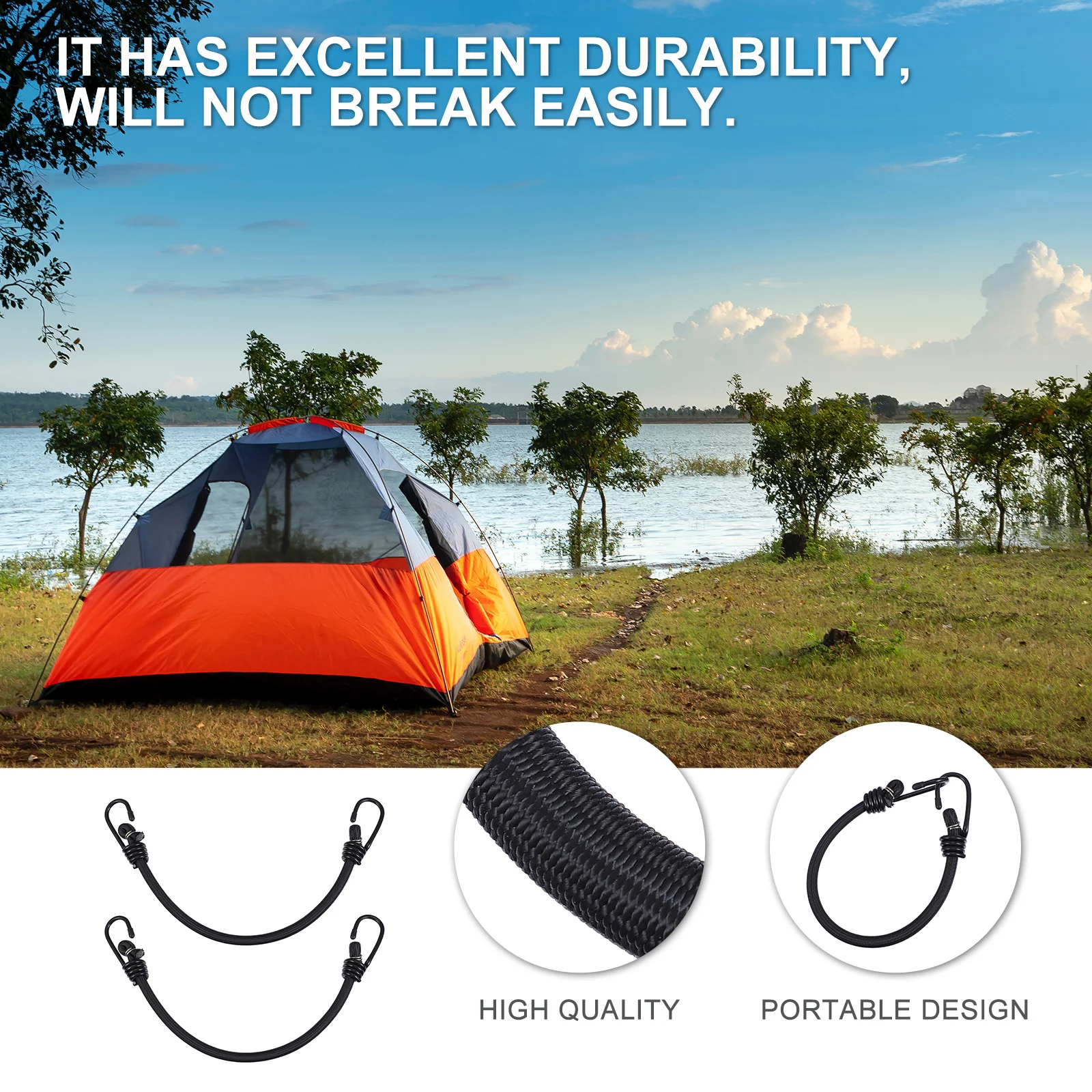 

2pcs Bungee Cords With Hooks Elastic Rope For Tent Fixing Luggage Binding Outdoor Gear Durable Polyester Cord Lightweight