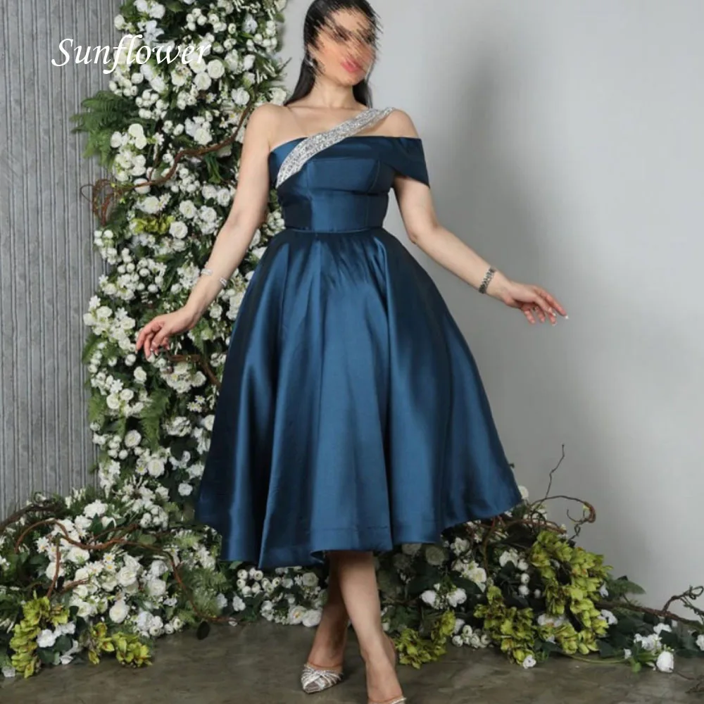 

Sunflower Simple One-Shoulder Prom Gowns Tea-Length A-LINE Evening Dress Backless Pleat Satin Party Dress 2023 High-end Custom