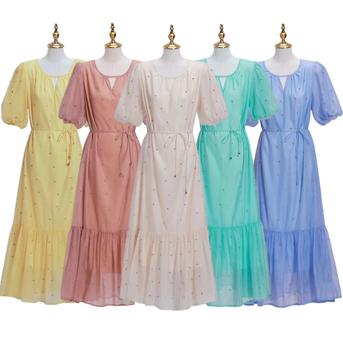 

Luxury Crystal Long Dress Women Summer 2025 See Through Organza Loose Dresses Short Sleeve Evening Party Robes