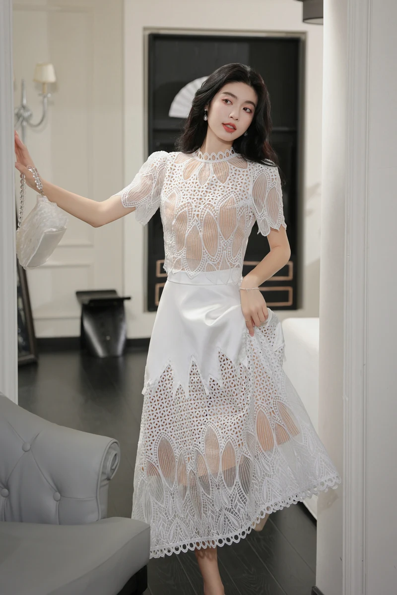 High Quality Lace Patchwork Jacquard Dress Women Vintage Temperament  Ruffles Slim Short Sleeve Summer Dress Vestidos De Mujer