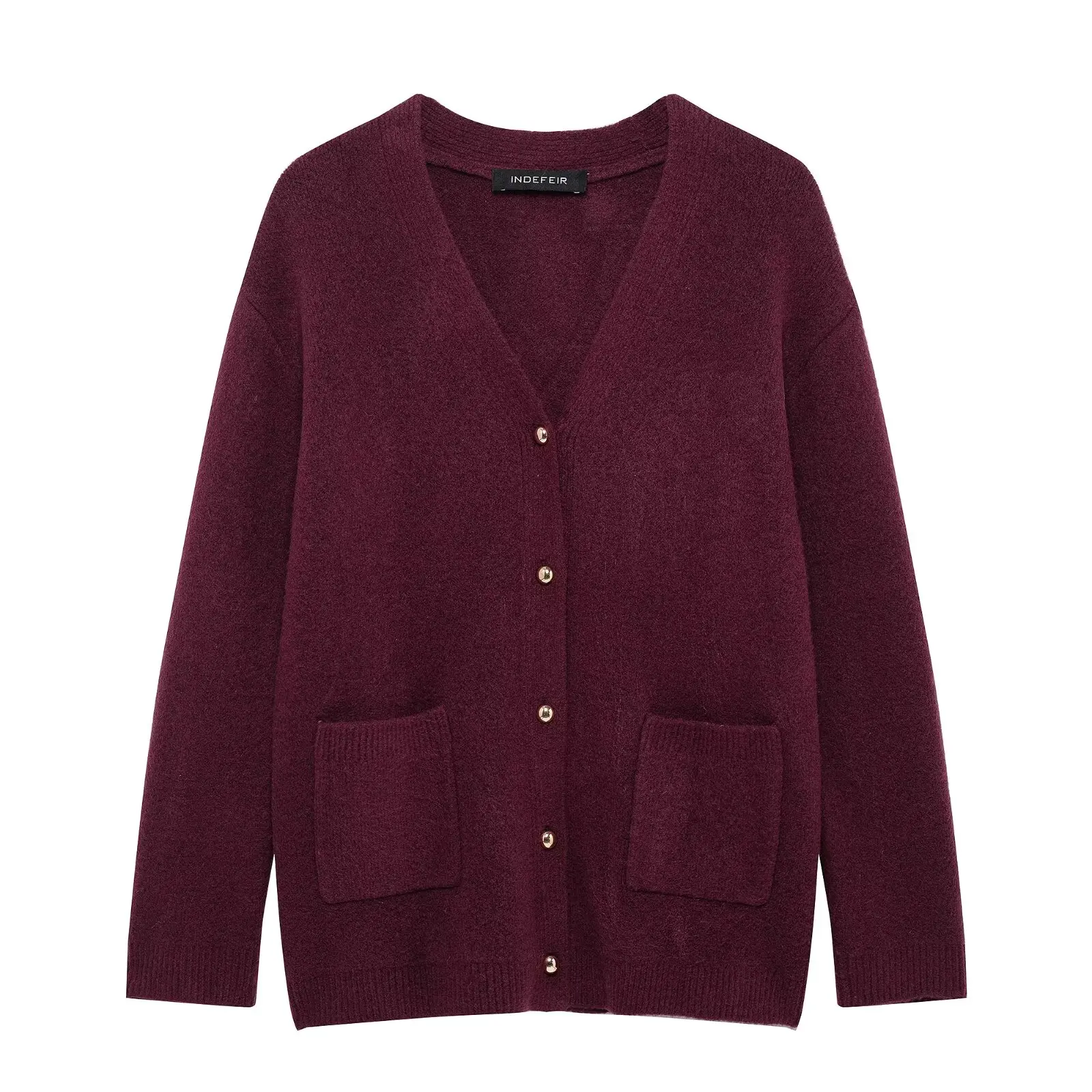 

TRAFZA 2025 Women's Fashion Casual V-Neck Knitted Tops Wine Red Pockets Single Breasted Cardigan Female Long Sleeves Sweaters