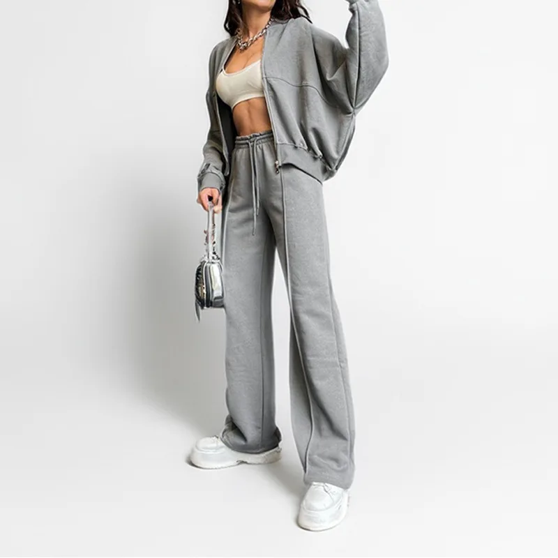 

Women's pant sets and winter jacket 2025 New two piece set Women tracksuit with pure color design for relaxed street sport suit