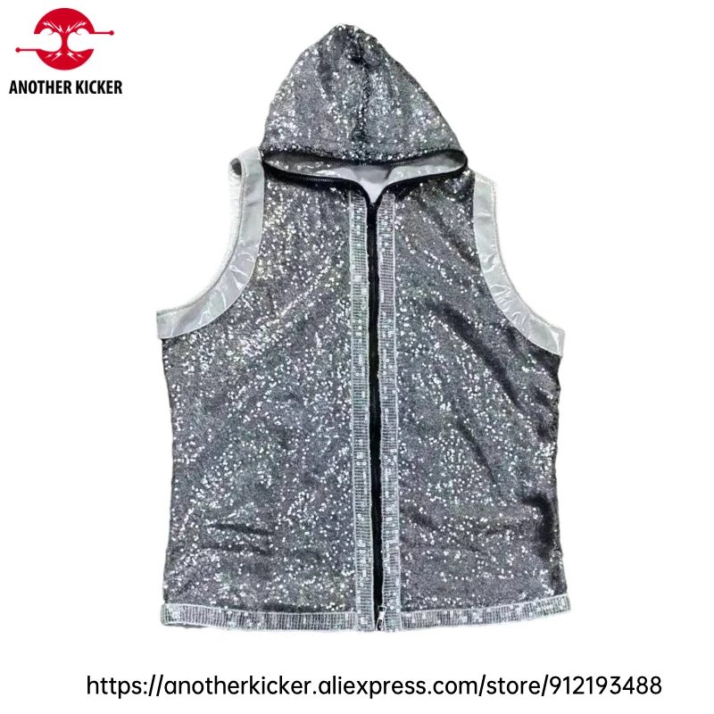 Boxing Robe & Shorts Set Sleeveless Hooded Boxing Gown Fringe Sequin Muay Thai Shorts Stylish Gear for MMA Training Performances