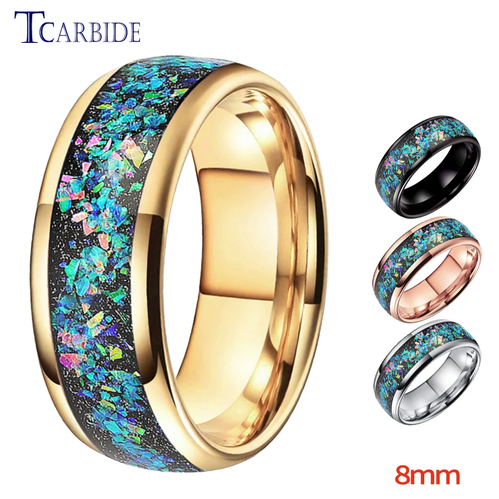 8mm Black Tungsten Engagement Wedding Band Men Women Ring Galaxy Series Opal Inlay Dome Polish Fashion Gift Jewelry Comfort Fit