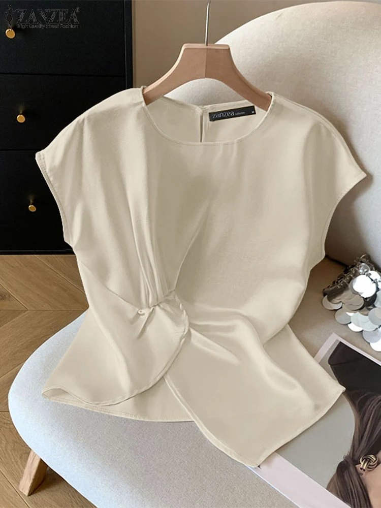 

ZANZEA Элегантные атласные блузки с асимметричным подолом для женщин, летние однотонные топы с круглым вырезом и короткими рукавами, витые детали, 3 цвета