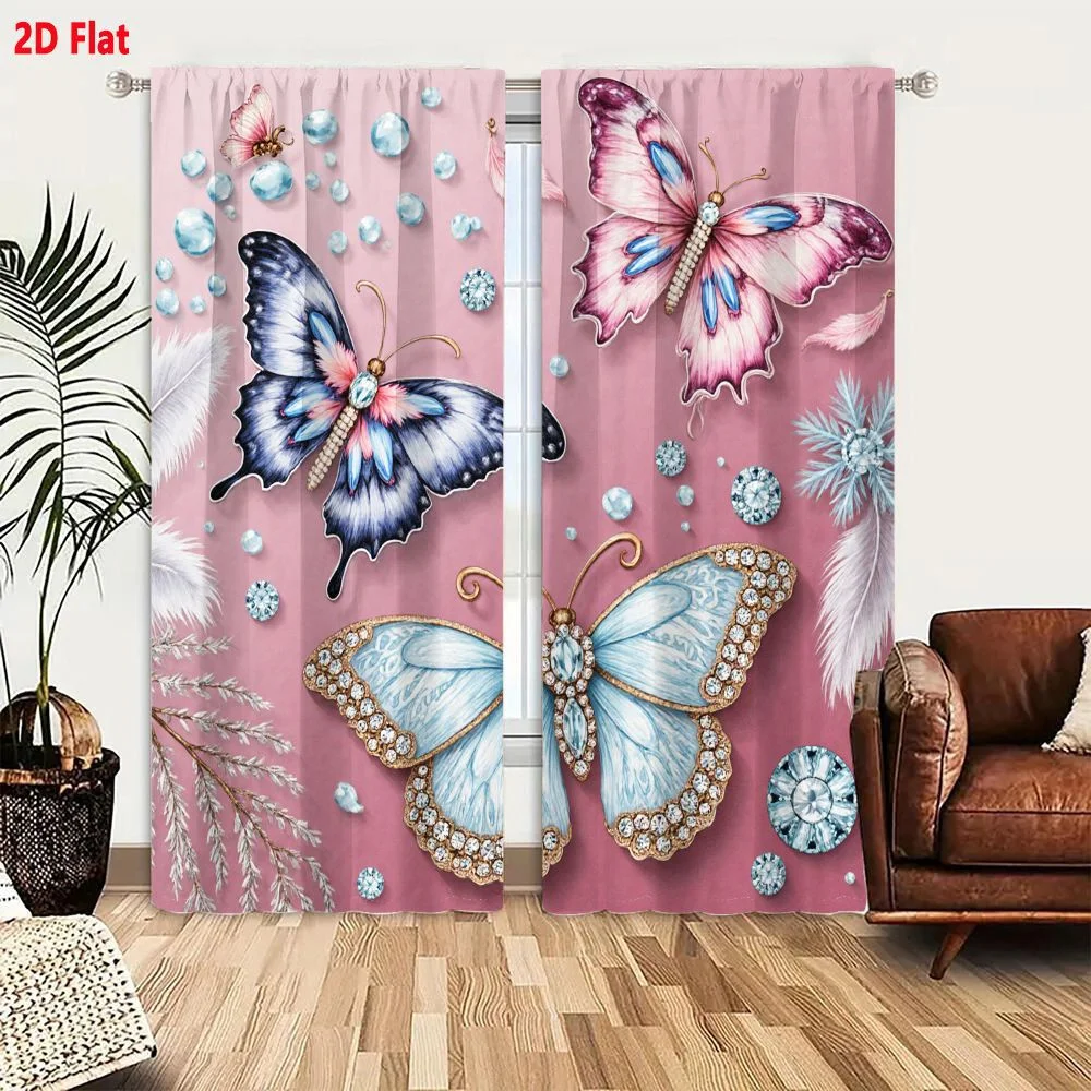 2Pcs Curtains 2D Flat Whimsical Decorative Scene With Three Intricate Butterflies Gemstones Feathers Pastel Colors Elegant Spark