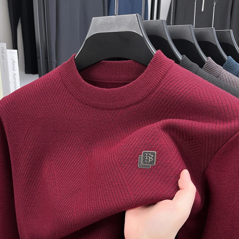 Men's autumn winter high quality fleece-lined long sleeves pullover round neck keep warm knit sweater leisure trend Men clothing