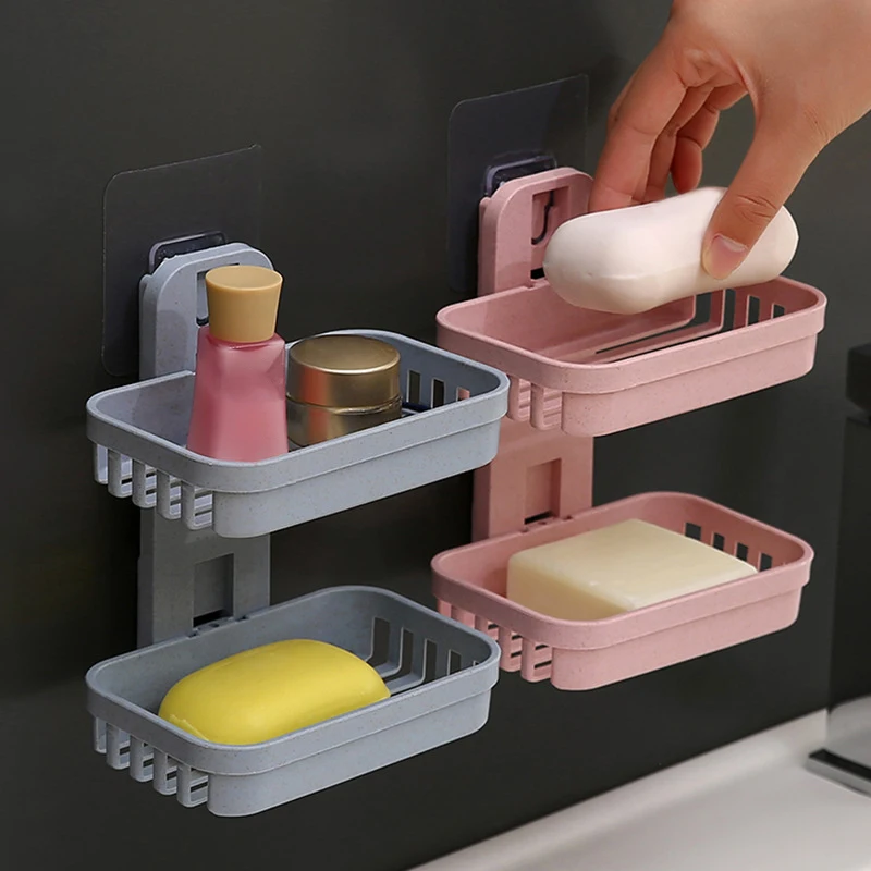 Wall Mounted Double Layer Soap Dish Punch-Free Drawer Draining Holder Bathroom Organizer Rack Shelves Kitchen Sponge Storage Box