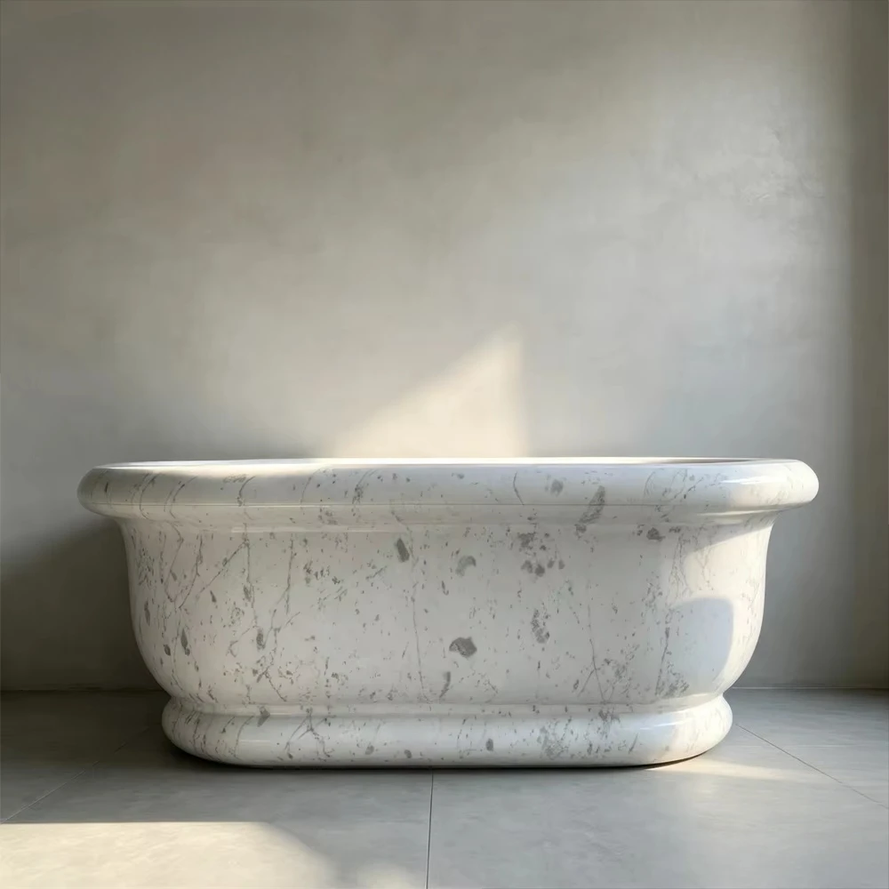 #￥Customized Natural Stone Bathtub White Marble Free Standing Soaking Tub for Hotel and Villa Bathroom