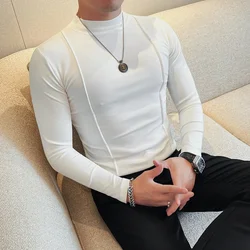 Line Decoration Semi-Turtleneck Long-sleeved T Shirt Men's Spring Autumn Solid Color Fashion Slim Fit T-Shirt Men Clothing 4XL-M