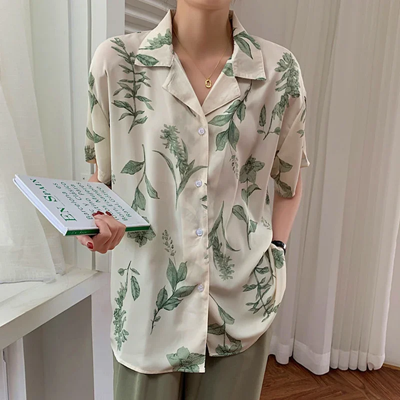 Japan Style Vintage Apricot Flower Shirts Elegant Ladies Notched Button Up Shirt Loose Summer Chiffon Blouses Korean Fashion Tee