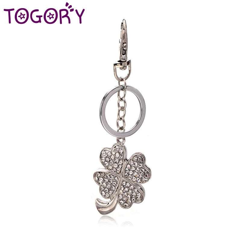 TOGORY Lucky Four Leaves Clover Crystal Key Ring Chains Holder Bag Buckle Pendant For Car Keyrings KeyChains