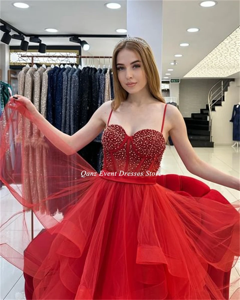 Qanz Vestido De fiesta rojo vestidos De quinceañera tirantes espagueti volantes con cuentas Vestido De tul personalizado De 15 Anos vestidos De fiesta De princesa