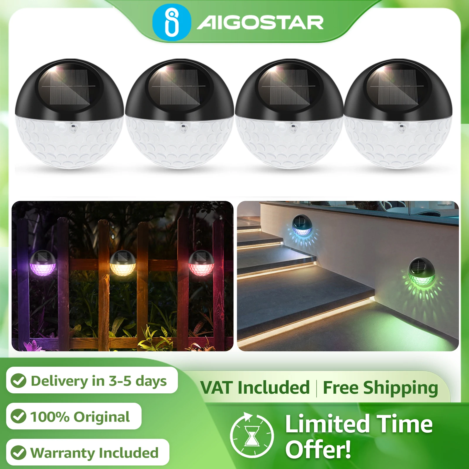 Aigostar Pack de 4 Apliques Solares RGB | Cambio de Color Automático, IP44 Impermeable | para Pared de Jardín, Valla, Patio