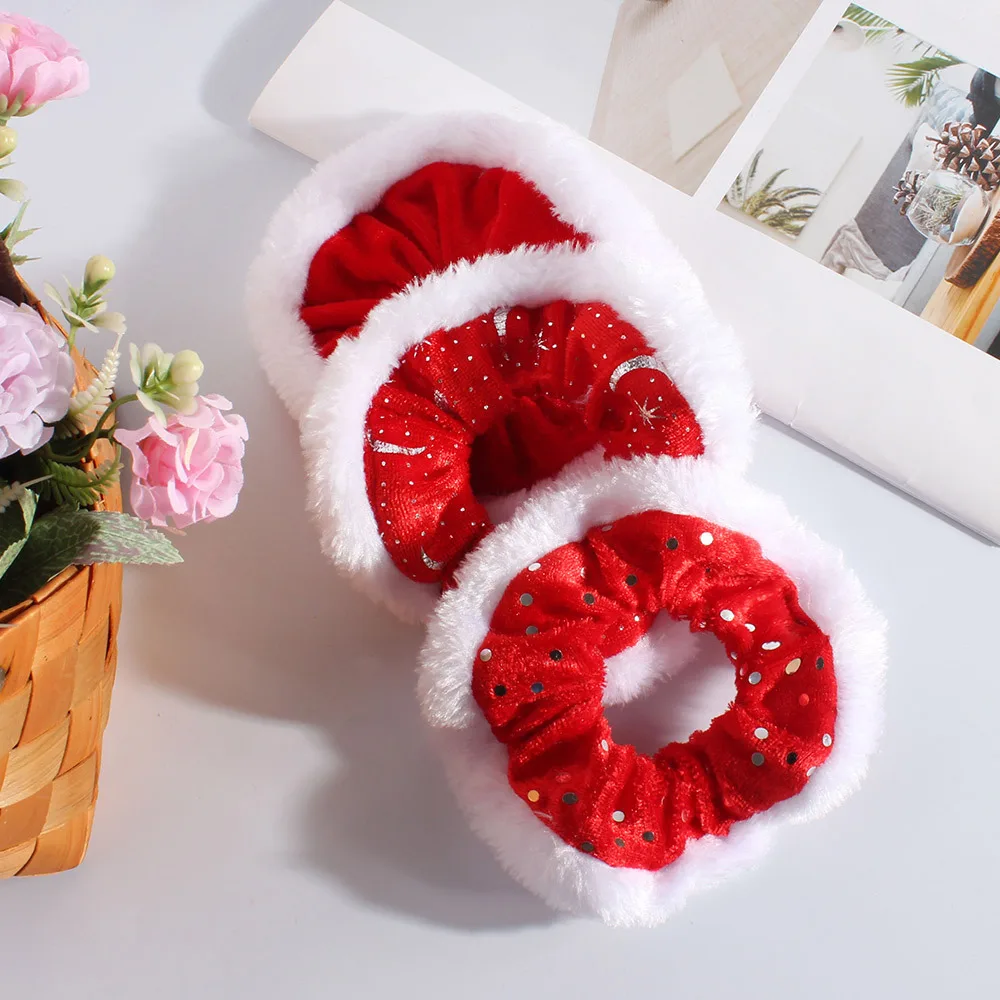 Velvet Plush Christmas Hair Rope High Elasticity Snow New Year Hair Scrunchies Glitter Red& White Women Hair Ring