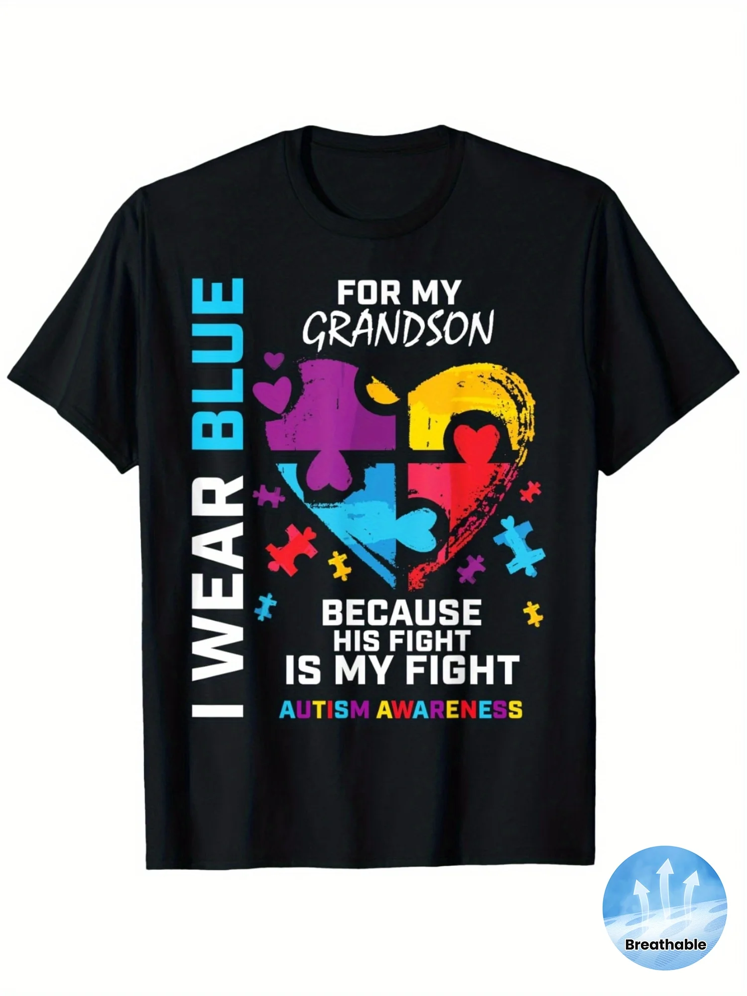 Grandma Grandpa I Wear Blue For My Grandson Autism Awareness T-Shirt for Men Soft Fabric Breathable Comfortable Short SleeveTees