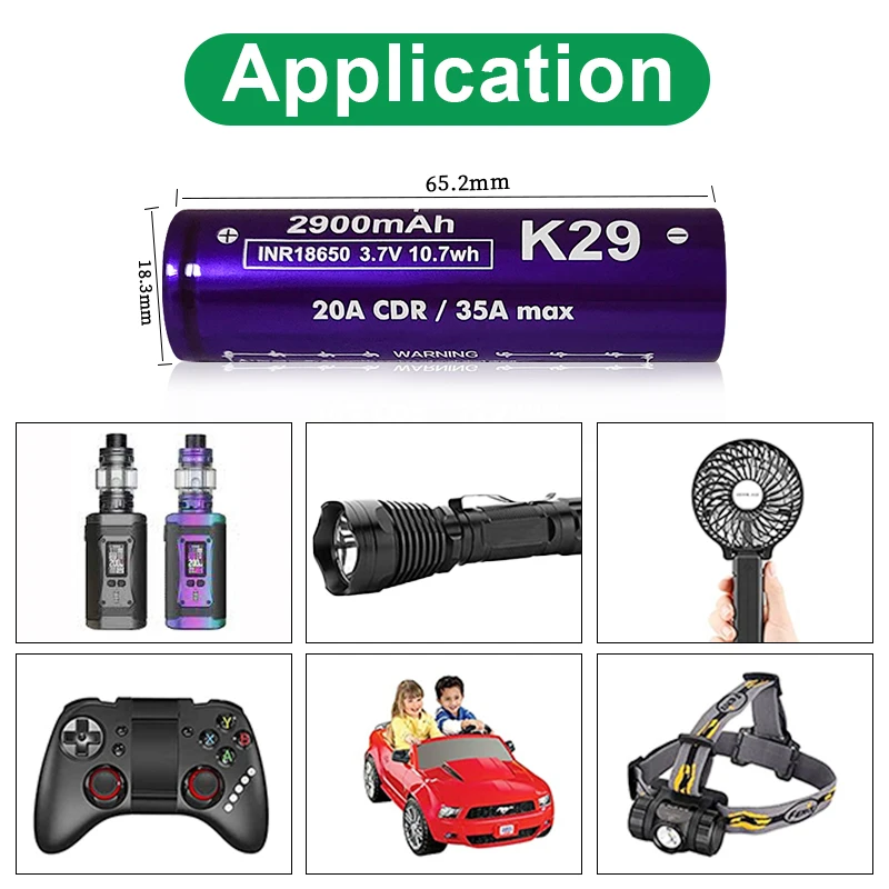 Vapcell original k29 inr 18650 bateria 2900mah 3.7v 20a/35a baterias de lítio recarregáveis célula de alta potência para brinquedos lanterna