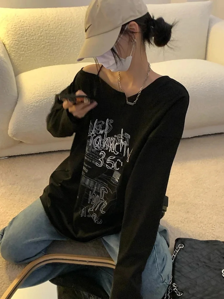 T-shirt Fairy Grunge Letter Print Tops Black Autumn Off Shoulder Long Sleeved Korean Tee Loose Harajuku Baggy Shirts Woman Y2K