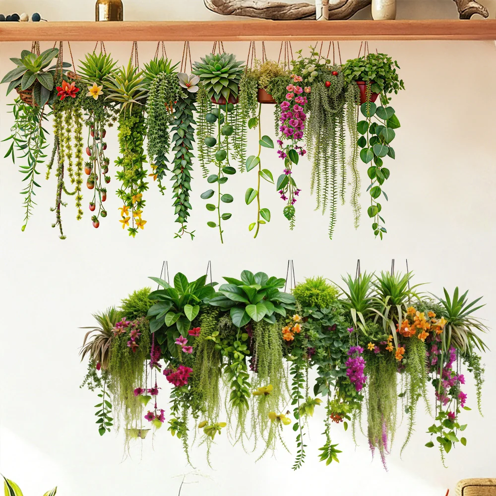 1 Pack Hanging Plants Wall Decal Vibrant Watercolor Greenery Sticker PVC - Bedroom Living Room Kitchen Decor