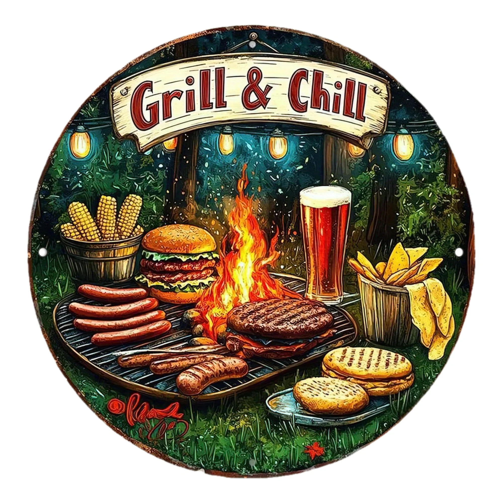 Metal Wall Sign Round BBQ Grill & Chill Decor for Home Bar Garage Outdoor