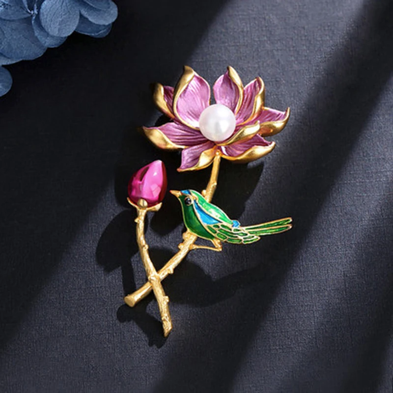 خمر المينا زهرة اللوتس الطيور دبابيس للنساء الرجال اللؤلؤ التلبيب دبابيس بدلة الحفلات مجوهرات الزفاف #5