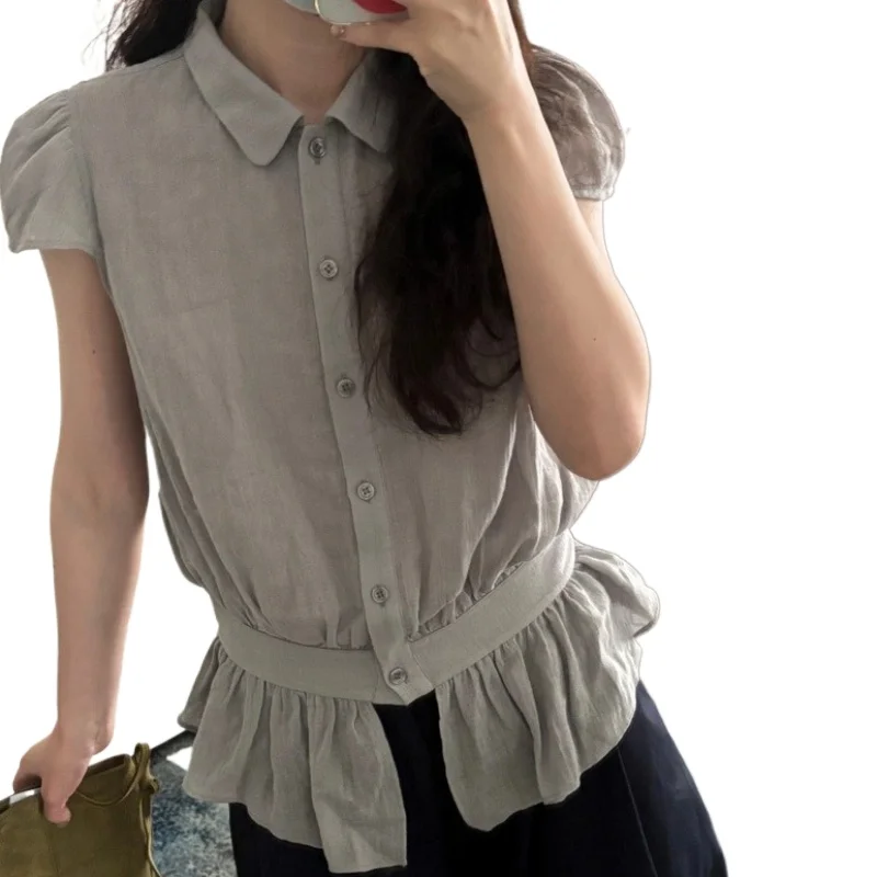 

2025 Summer Women Shirt Korean Style Tops Single Breasted Casual Ruffles Bottom Shirts