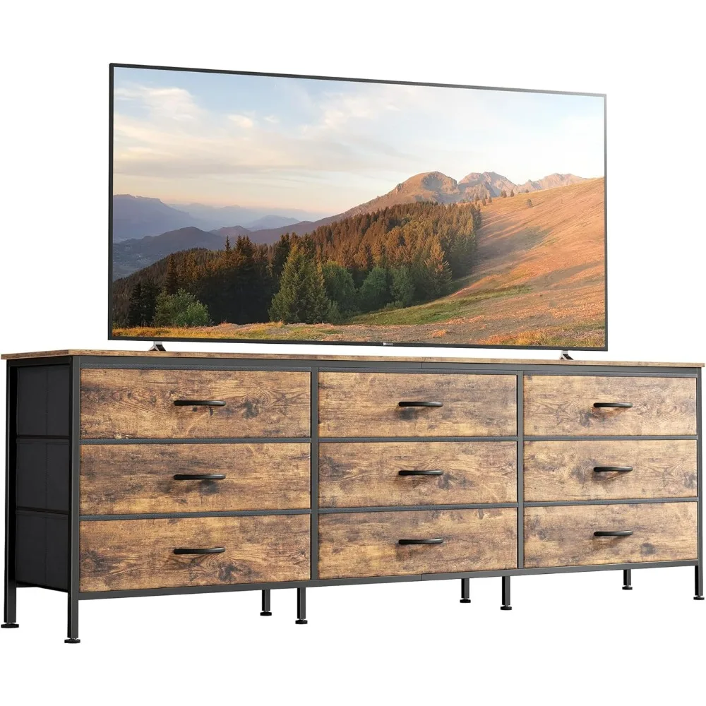 9 Drawer Dresser, 63 Inch TV Stand for 55, 65, 70 Inch TV, Large Long Fabric Dresser for Bedroom