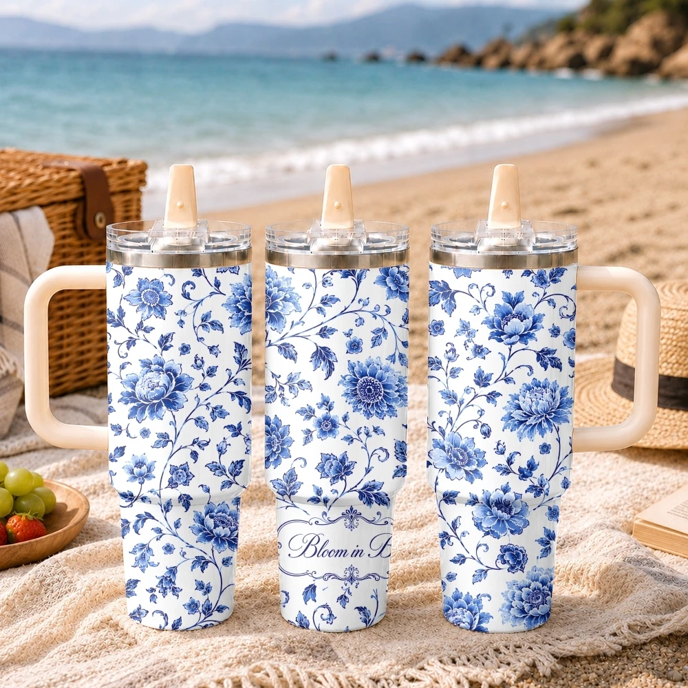 Elegant Blue Porcelain Garden Floral Repeat Vacuum Flasks 40oz Thermal Tumbler Stainless Steel Insulated Water Portable Mug Cup