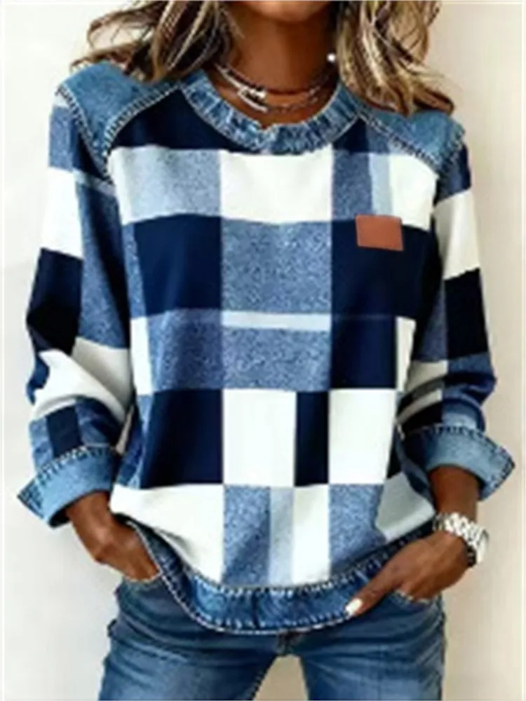 Frühling Herbst Karierten Druck Lose Hoodie Frau Mode Oansatz Farbe Passenden Sweatshirt Damen Büro Vielseitig Pullover