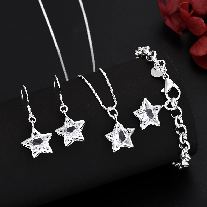 Hot luxury designer 925 Sterling Silver pretty Crystal Star necklace earring bracelet Jewelry set for Women fashion Couple gifts