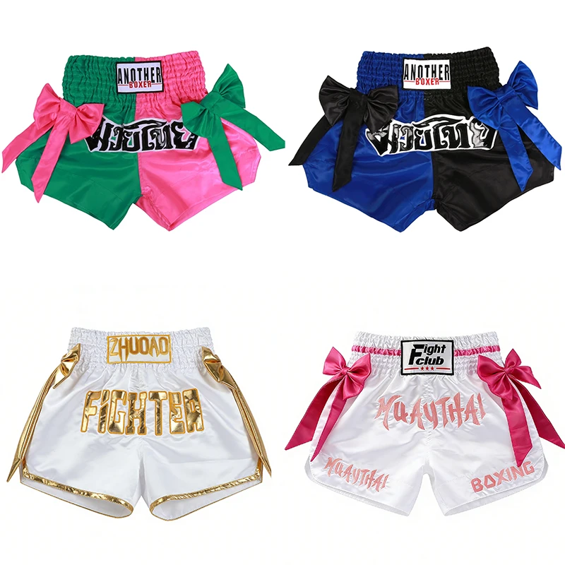 Bow Ribbon Thai Boxing Shorts Women Men Kids Muay Thai Fight Training Shorts MMA Kickboxing Sparring Boxing Competition Pants