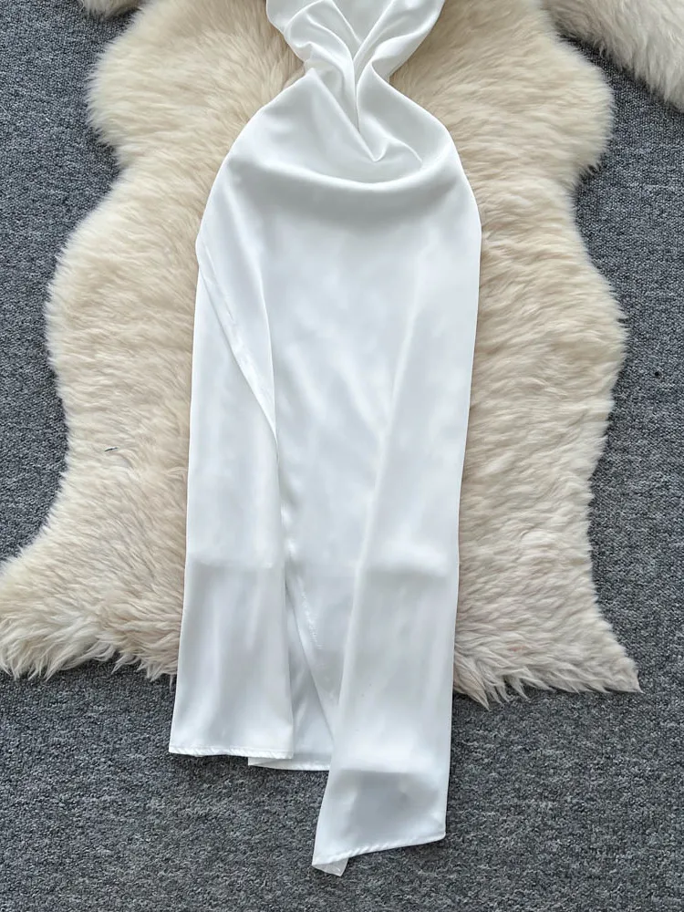 White Gown Women's Design Sense Ruffle Splice Slimming Uneven Satin Dr Korean Sle High Waist A-Line Skirt ort Sve