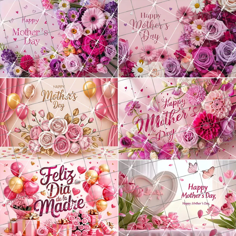 

Happy Mother's Day Backdrop Decoration Feliz Día de la Madre Pink Floral Wreath Thanks Mom Festival Party Supplies Props