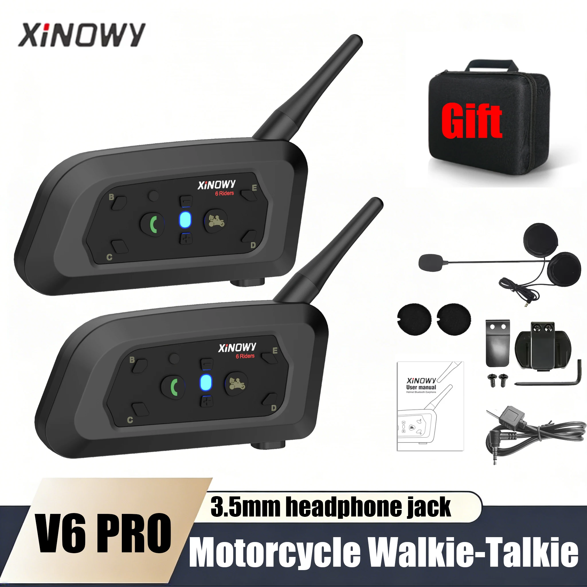 

XINOWY V6 PRO Motorcycle Bluetooth Intercom Headset 1200M Range Group Communication for 6 Riders Music Player Carry Bag