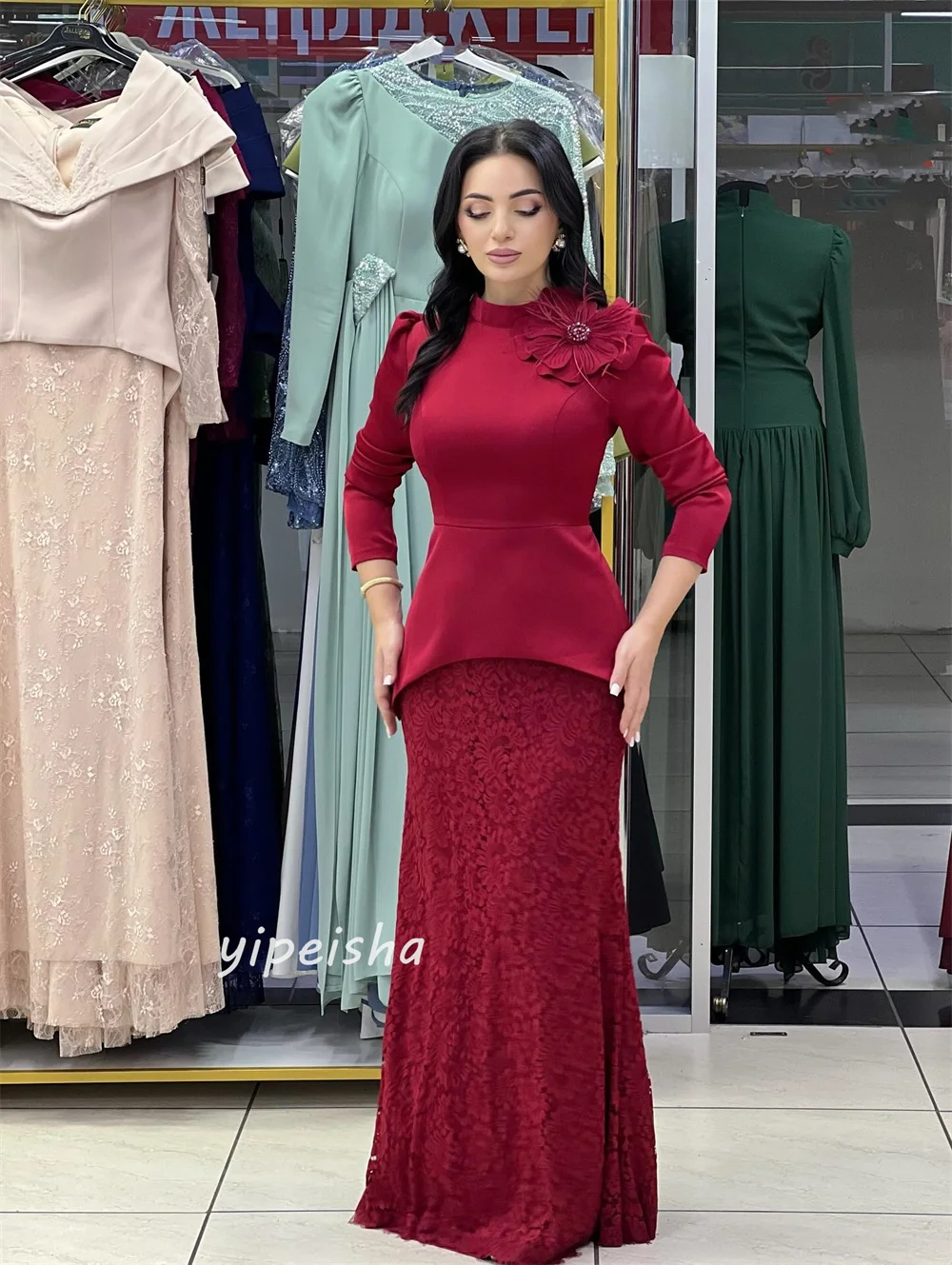 Customized Modern Style Classic Handmade Flower Beading A-line High Collar Long Dresses Bespoke Occasion Dresses Sizes Available