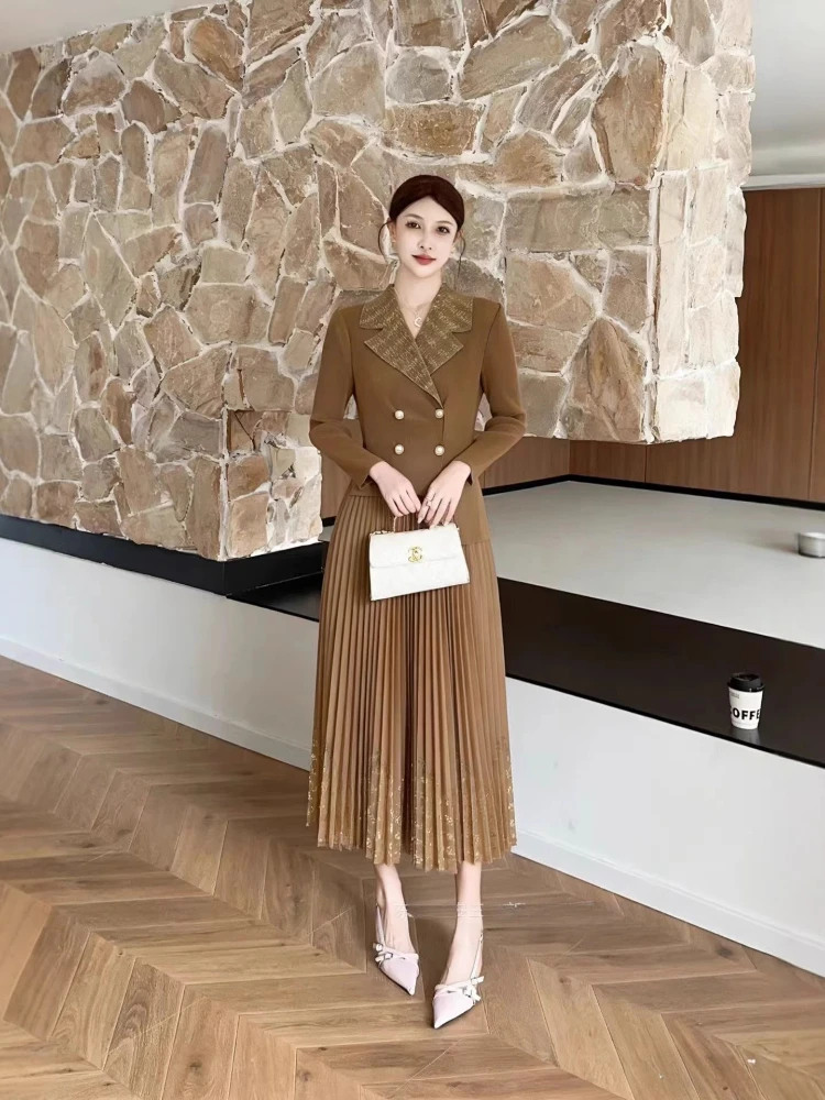

Miyake Suit Collar Bronzing Elegant Pleated Dress Waist Thin French Pleated Loose Long Dress Women's Clothing
