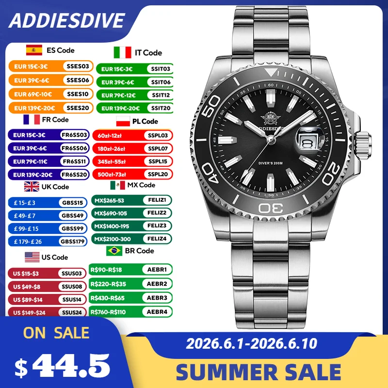 

ADDIESDIVE 41mm AD2510 Men's Watch Ceramic Bezel BGW9 Luminous AR Coating Quartz Watches Stainless Waterproof 200m Diver Watch
